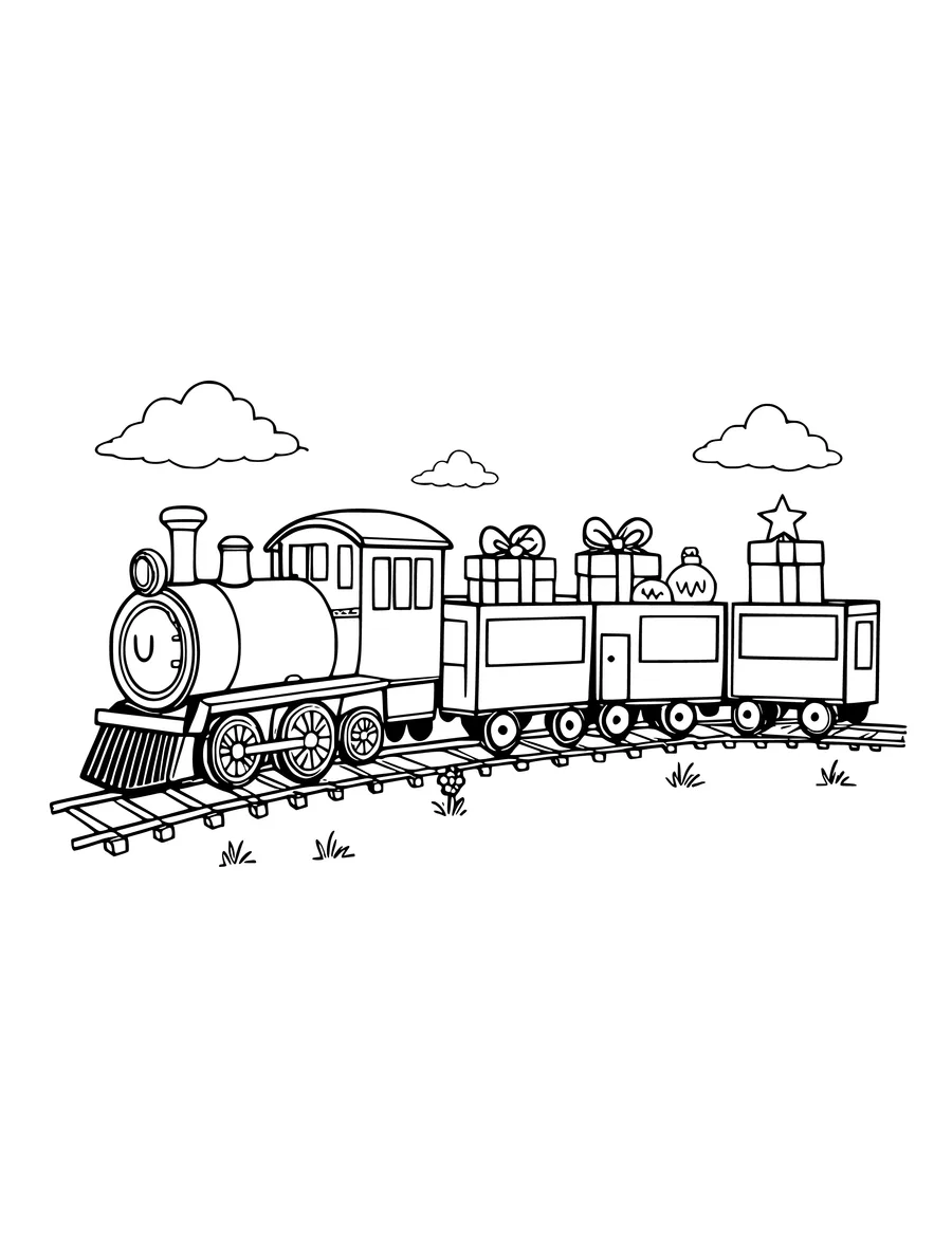 A steam train pulls several carriages loaded with gift boxes and ornaments on a curved track, coloring page