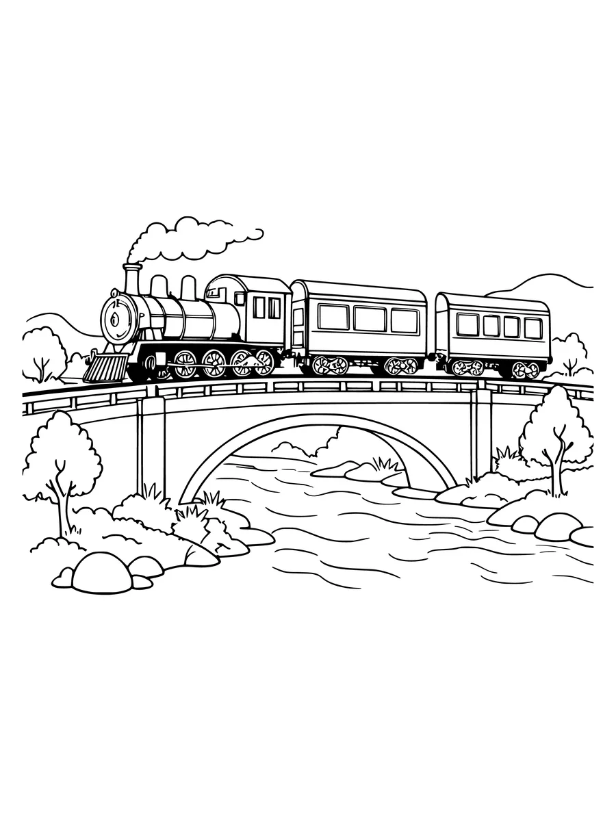Black and white line art coloring page of train crossing a bridge over a river, medium detail