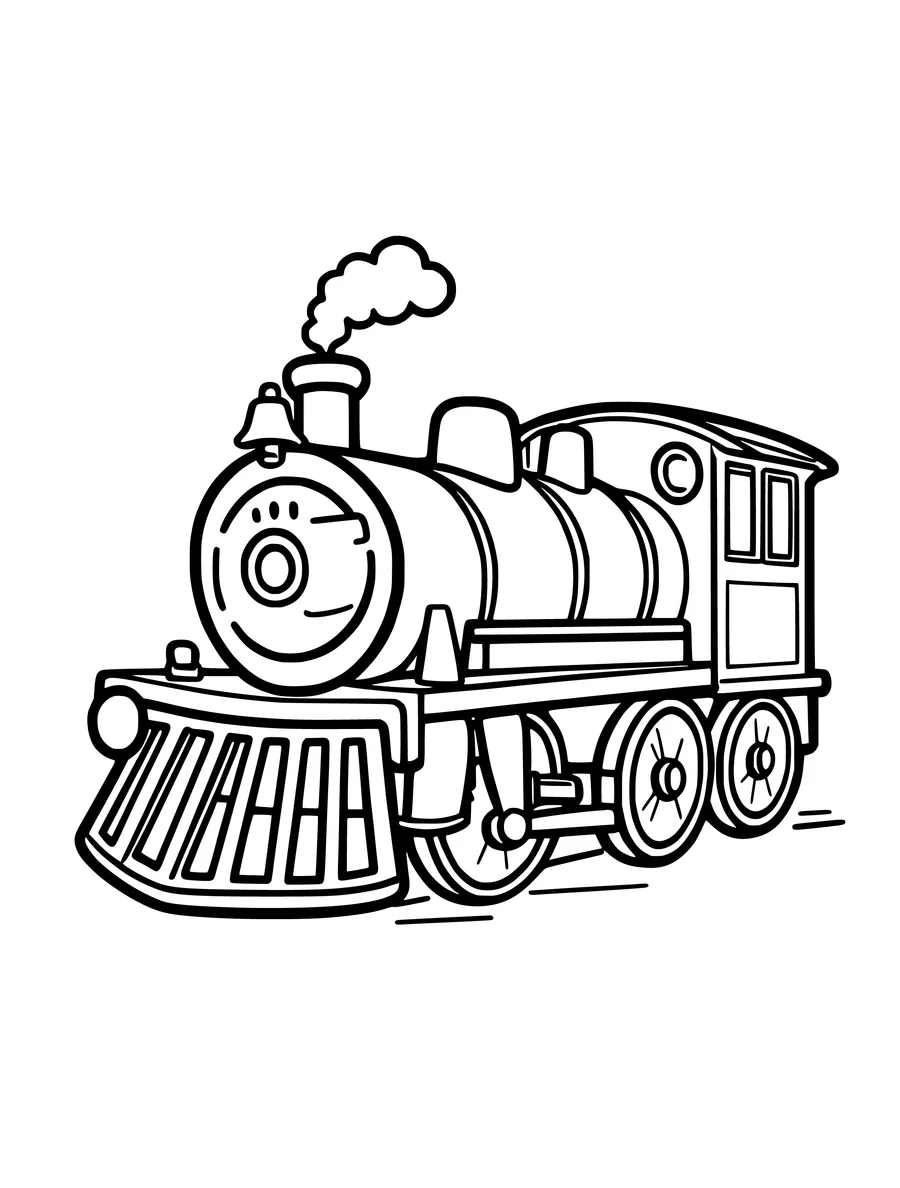 A steam train engine features a large cow catcher on the front and a bell mounted near the chimney, coloring page