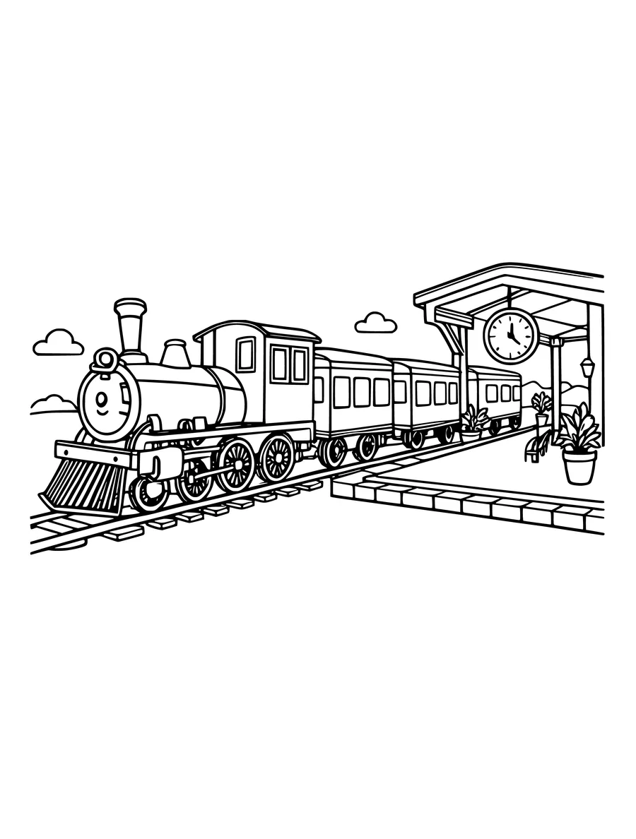 A steam train sits at a station platform next to a clock, with a potted plant nearby.