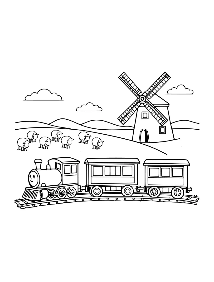A steam train travels on tracks past a countryside scene with a large windmill and a flock of sheep, colouring page
