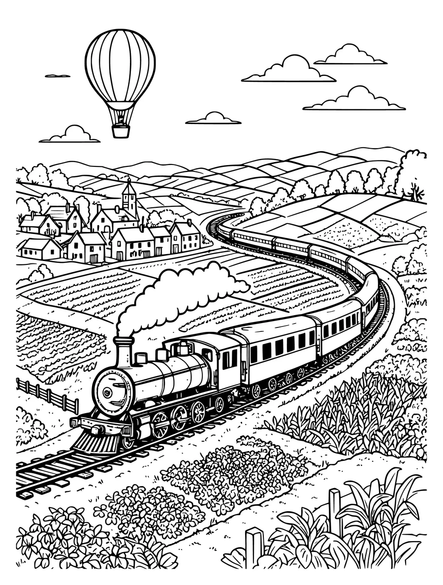 Black and white line art coloring page of train winding through a countryside with fields, a village and a hot air...
