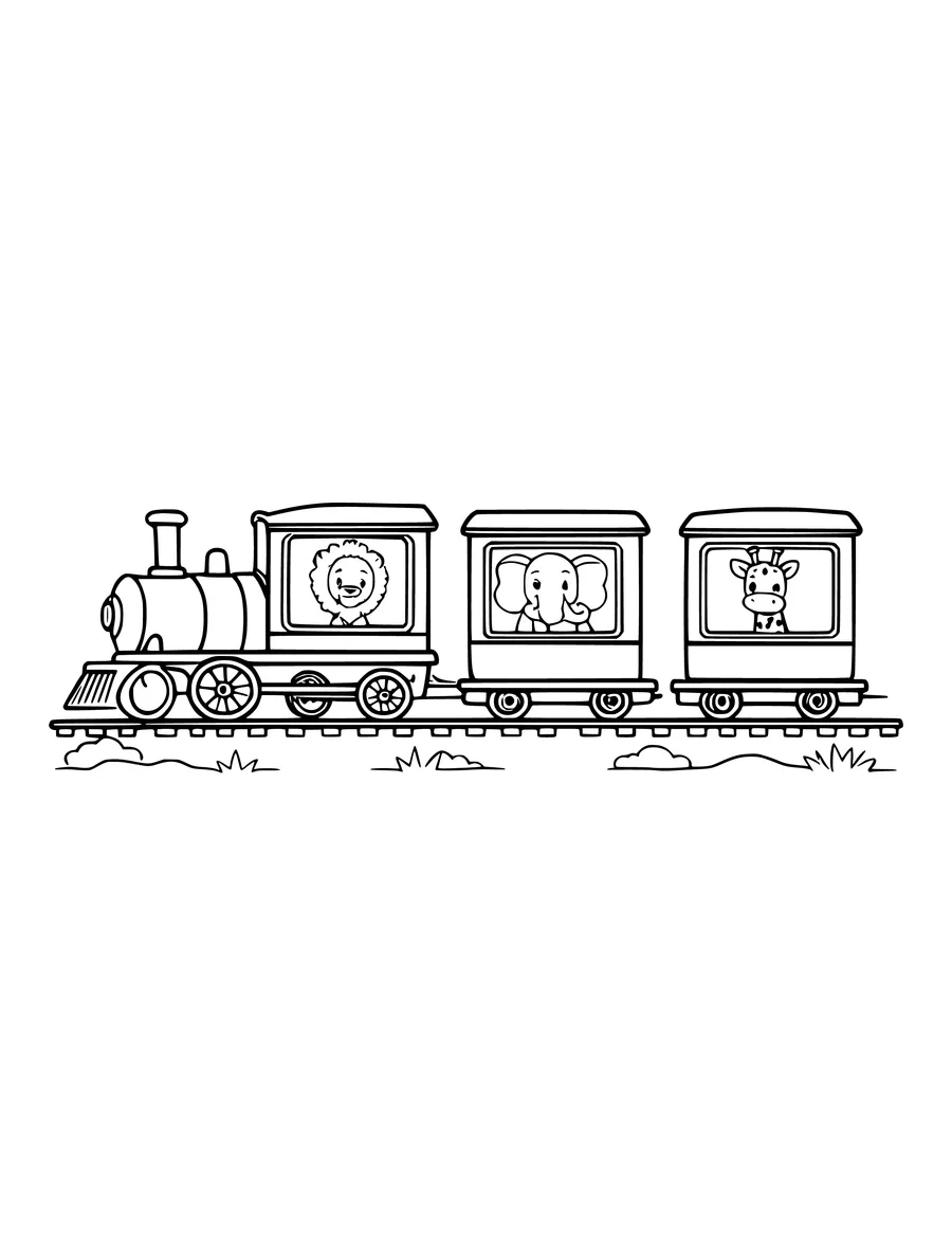A cheerful steam train pulls three carriages, each carrying a cartoon animal including a lion, elephant, and giraffe, coloring page