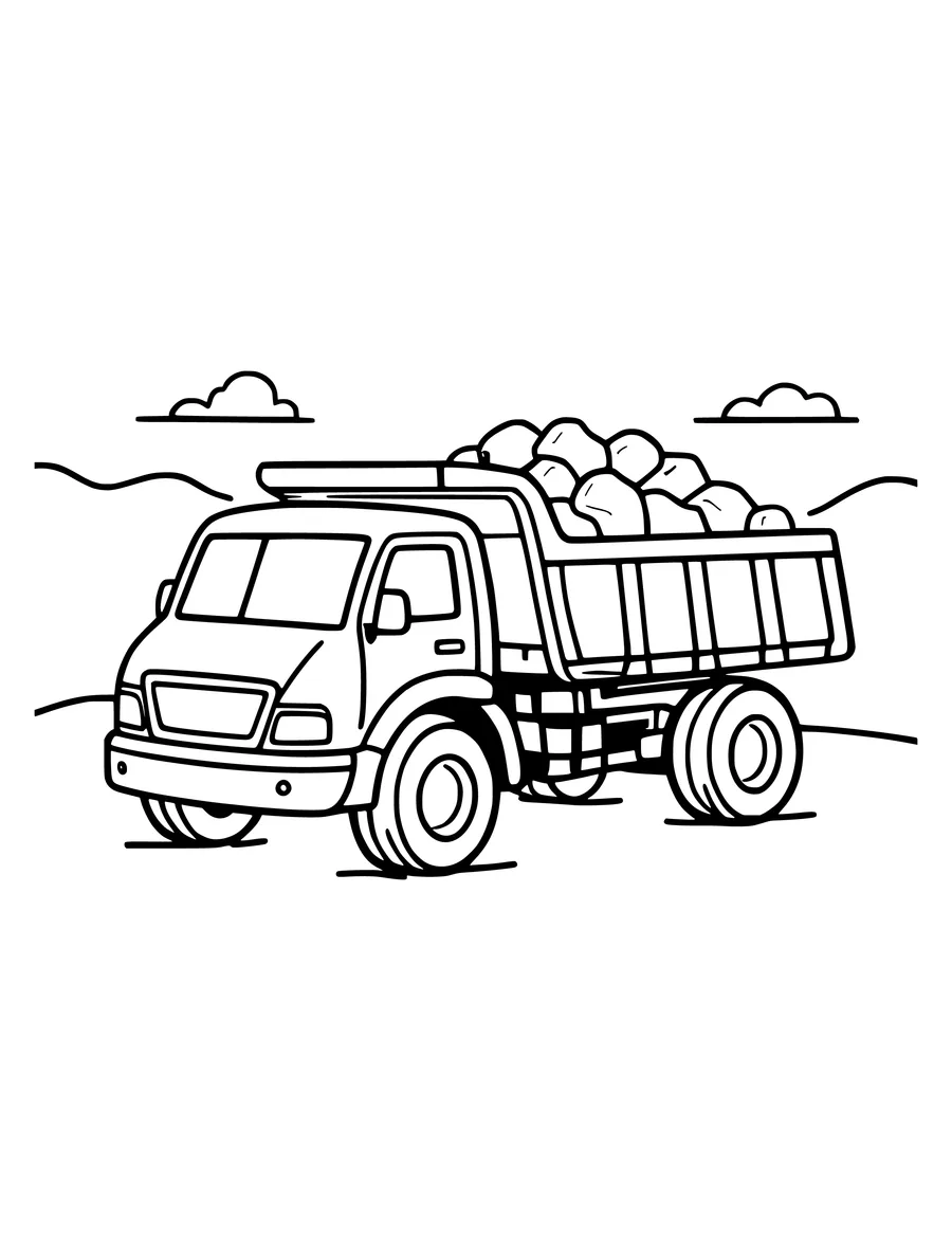 A large dump truck filled with rocks is shown in this simple colouring page.