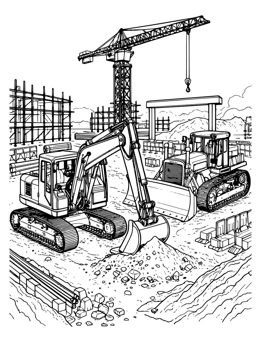 Black and white line art colouring page of construction site with a digger, a crane and a bulldozer, detailed detail
