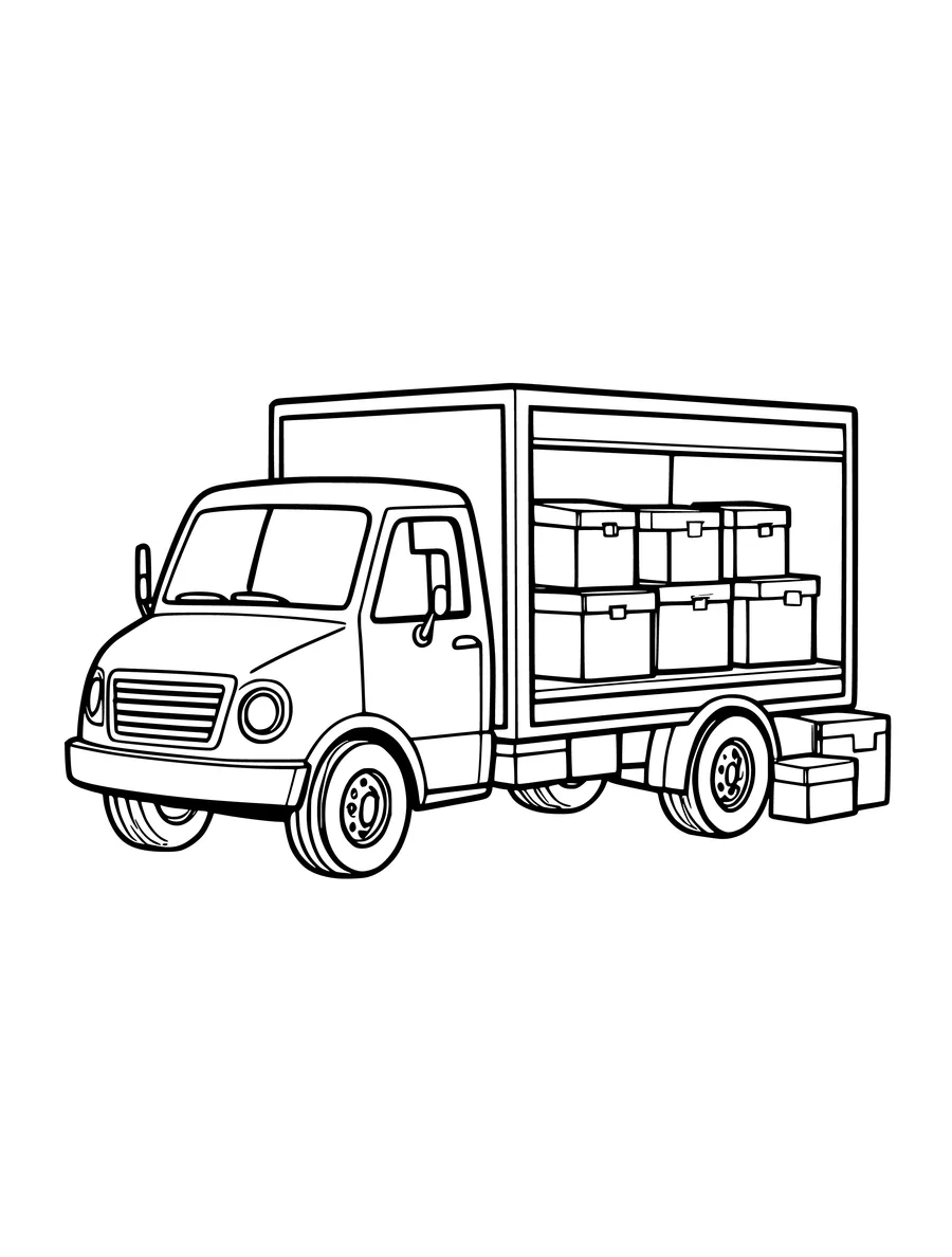 A delivery truck is loaded with several square boxes in the open back area, colouring page