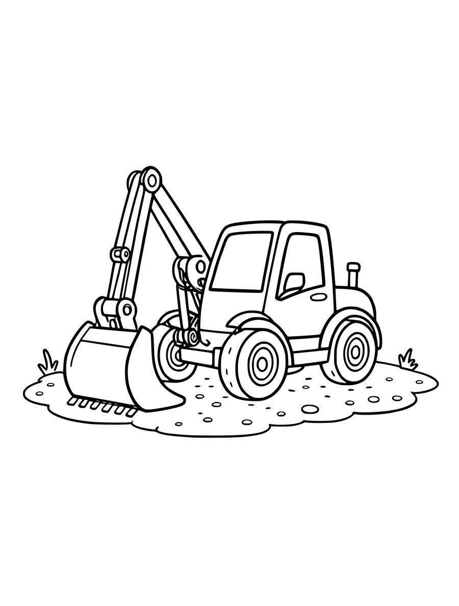 A digger with a large front scoop sits on a patch of dirt in this line art, coloring page