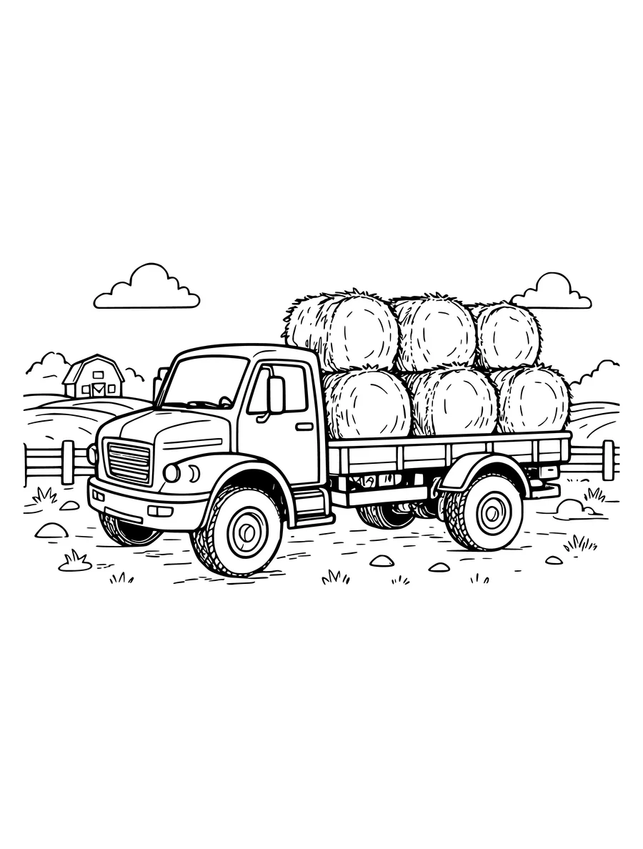 A farm truck is carrying a heavy load of round hay bales through a rural landscape, colouring page