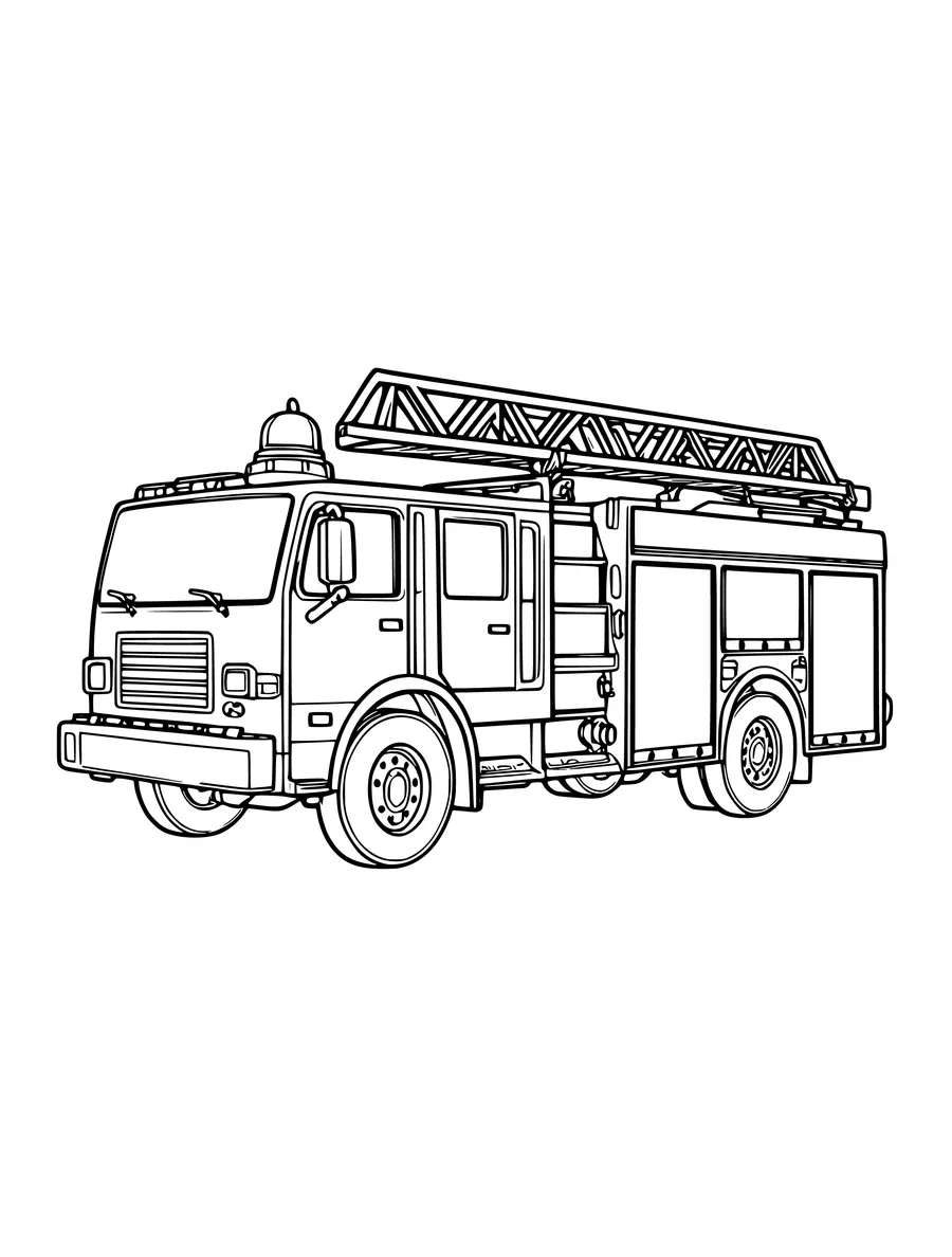 A fire truck equipped with a long ladder and a siren is featured in this coloring page.