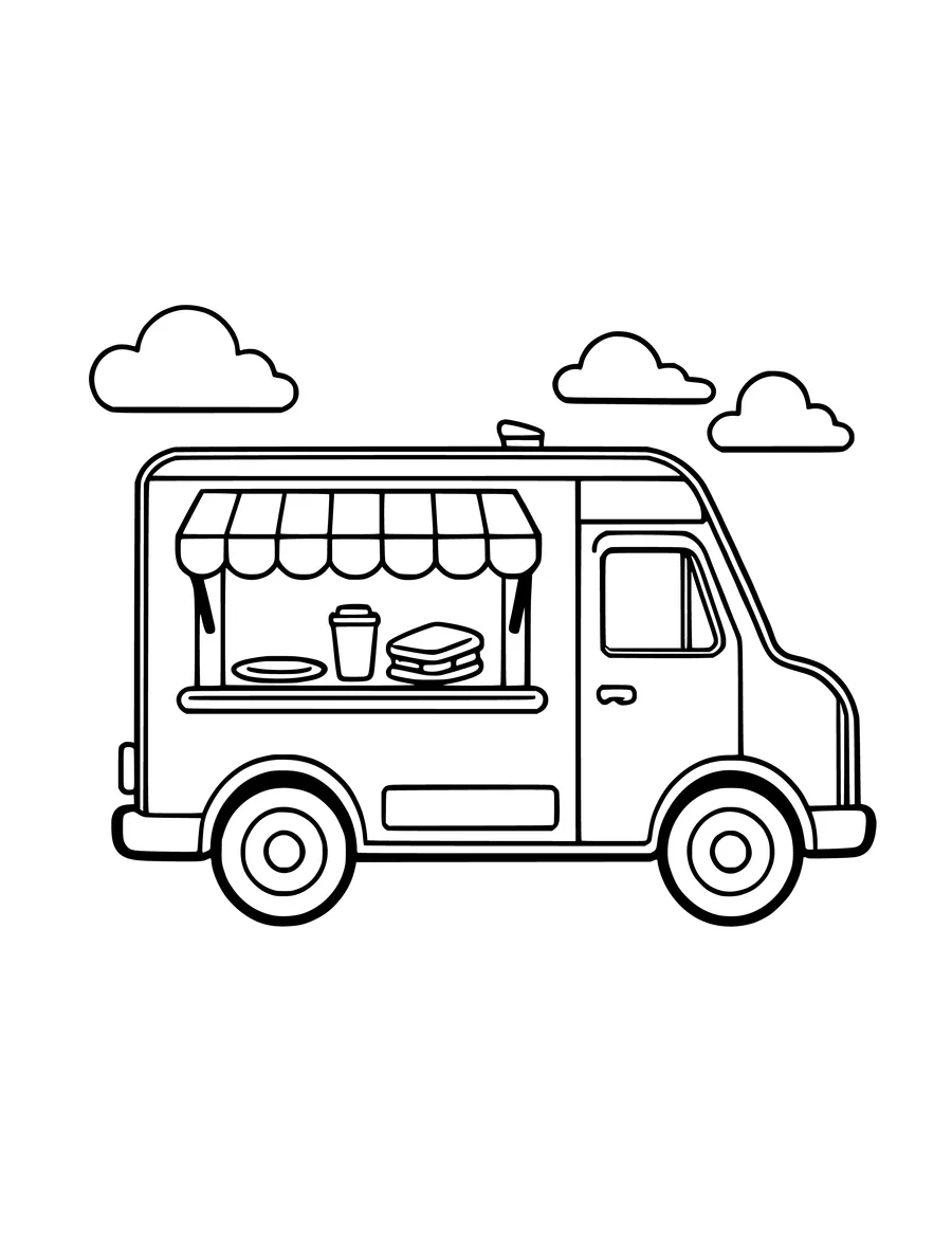 A food truck features a serving window with an awning, a cup, and a plate of food, coloring page