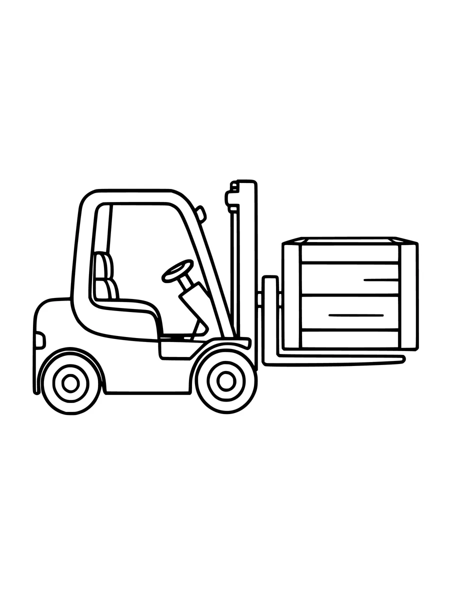A forklift is lifting a large wooden crate on its front prongs in this simple line art, coloring page
