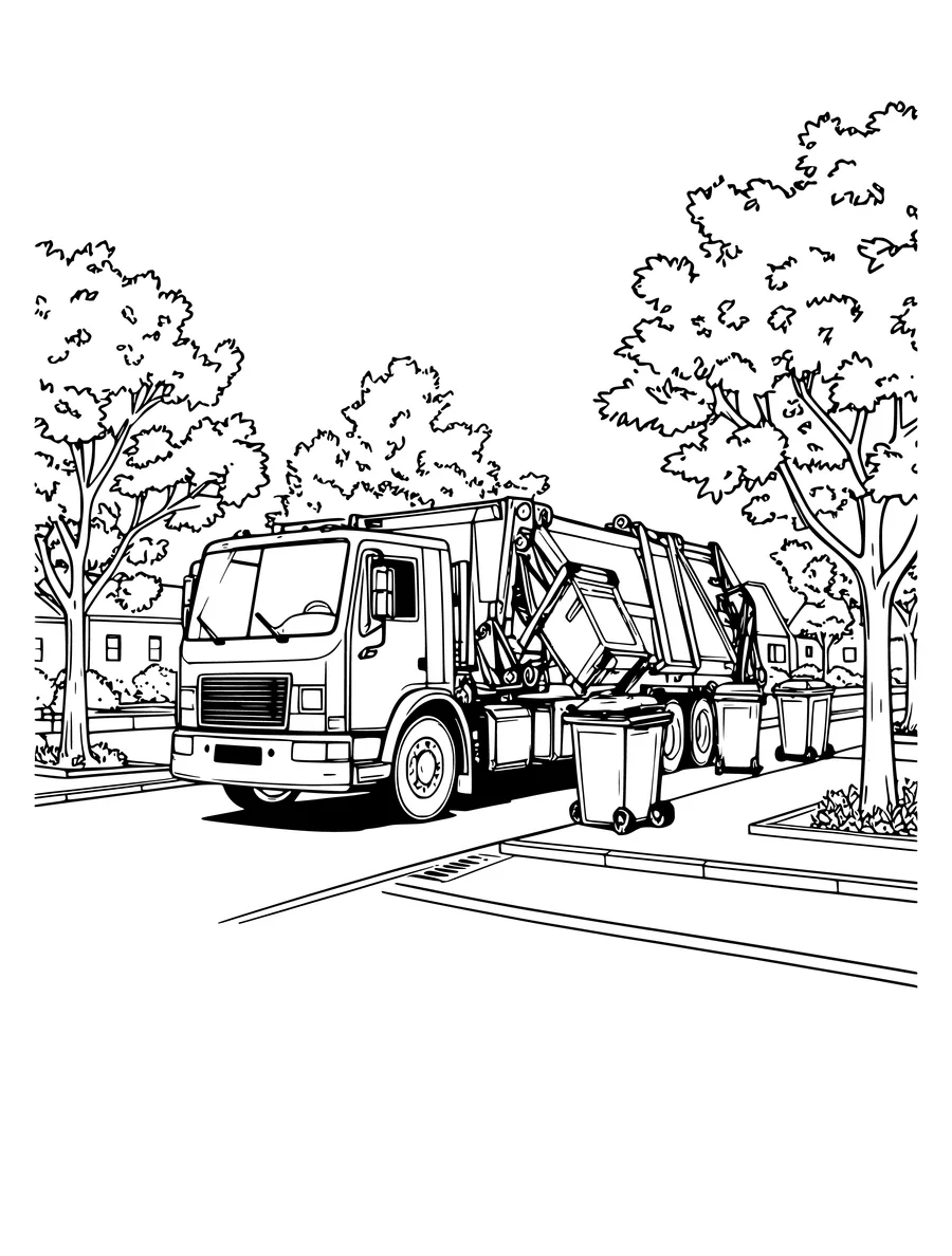 Black and white line art coloring page of garbage truck on a street with bins and trees, detailed detail