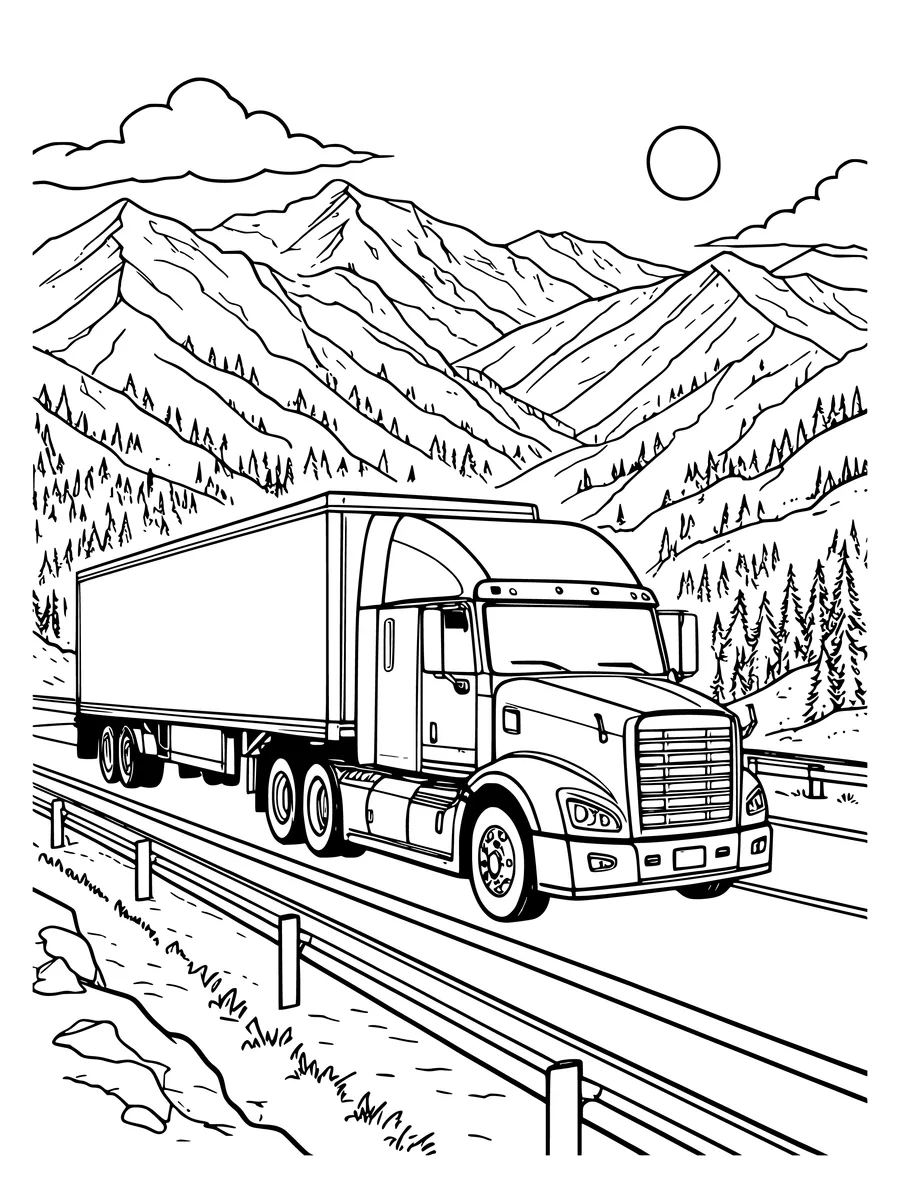 Black and white line art coloring page of long-haul truck on a highway with mountains behind, detailed detail