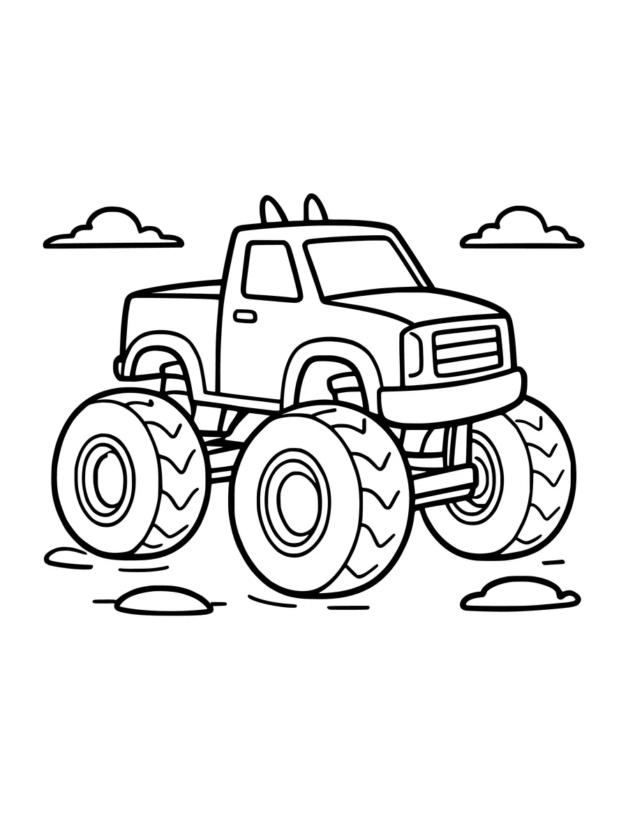 A monster truck featuring oversized tires is drawn in this simple colouring page.