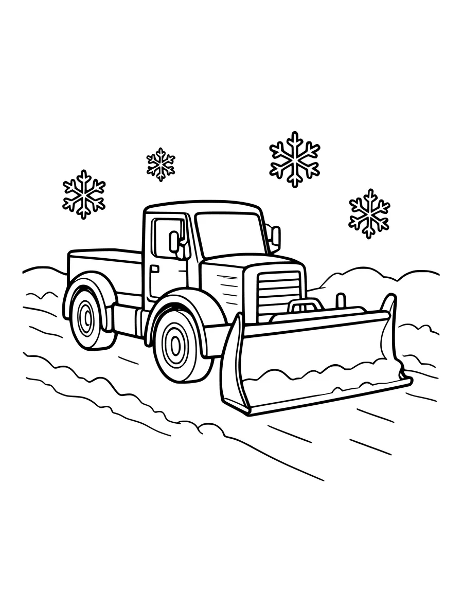 A snow plough truck drives through a winter scene with snowflakes falling overhead, colouring page