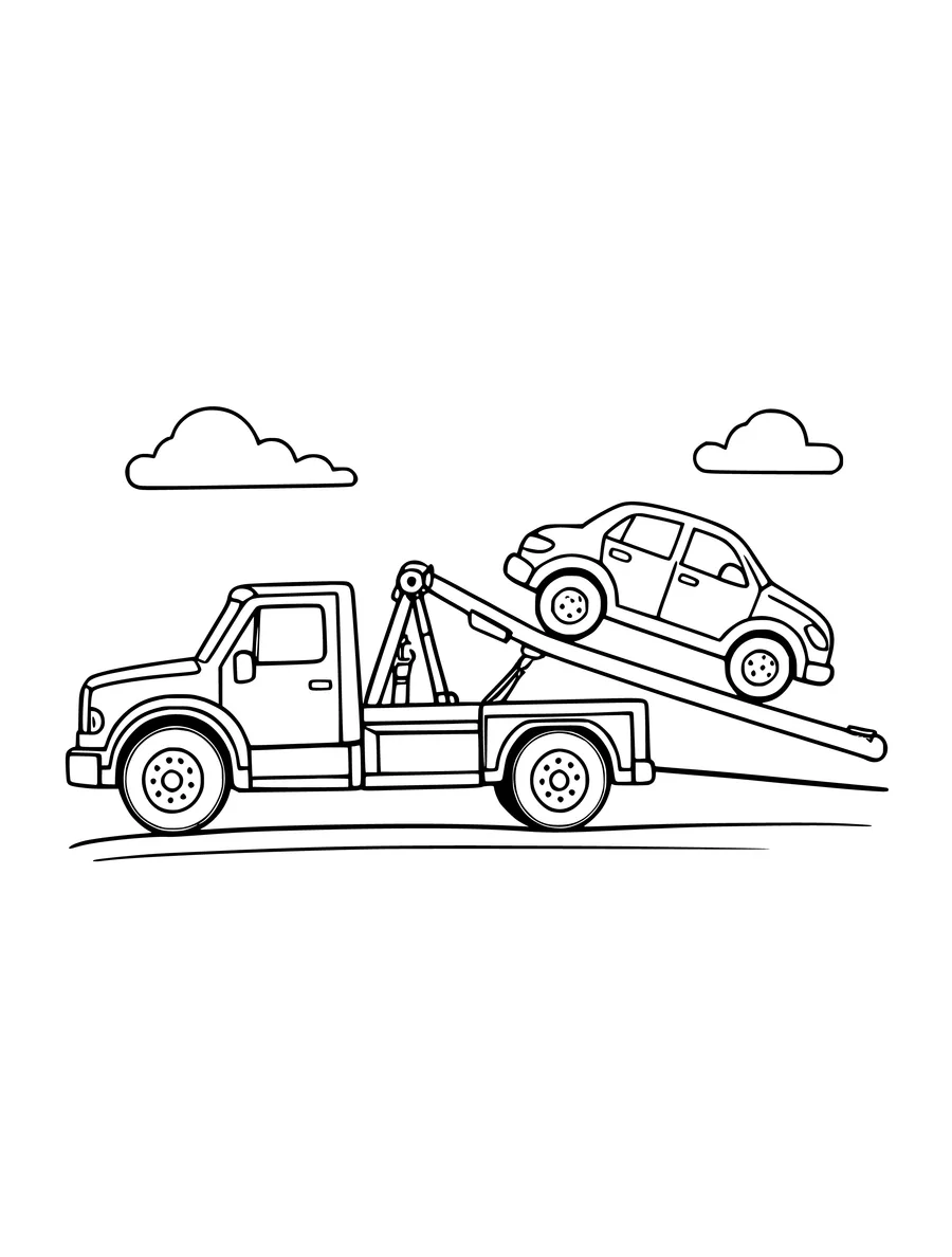 A tow truck is shown pulling a small car behind it in this detailed line art, colouring page