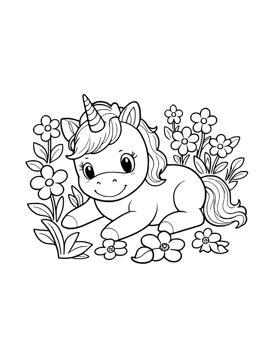 Black and white line art colouring page of baby unicorn lying in a field of flowers, medium detail