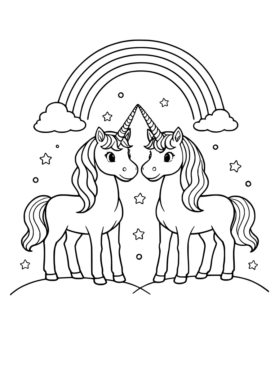 Two unicorns touching horns under a large rainbow in this black and white colouring page for children.