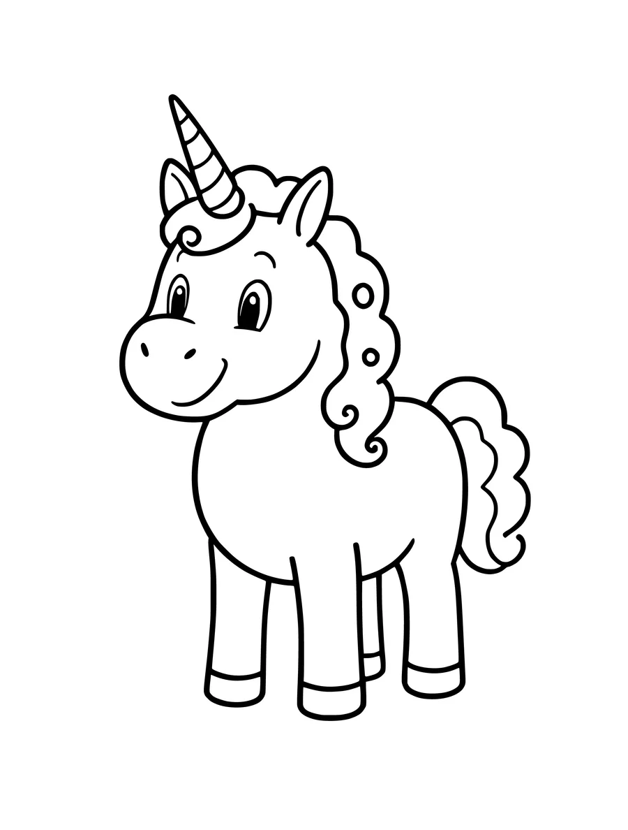 A smiling unicorn with a curly mane and a spiral horn featured in this simple black and white line art, coloring page