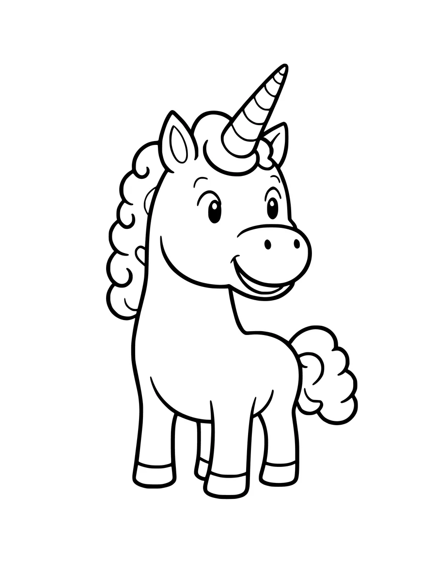 A smiling unicorn with a curly mane and a spiral horn stands in this simple colouring page.