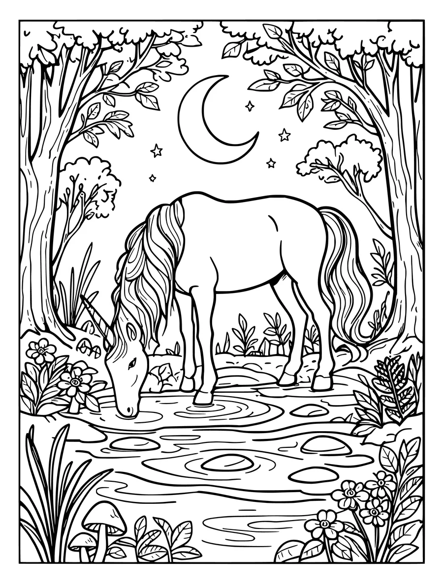 Black and white line art coloring page of unicorn drinking from a forest stream beneath a crescent moon, detailed detail