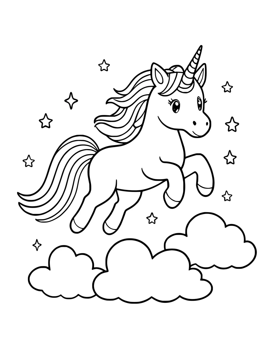 A unicorn with a flowing mane flies above fluffy clouds in this whimsical line art, colouring page