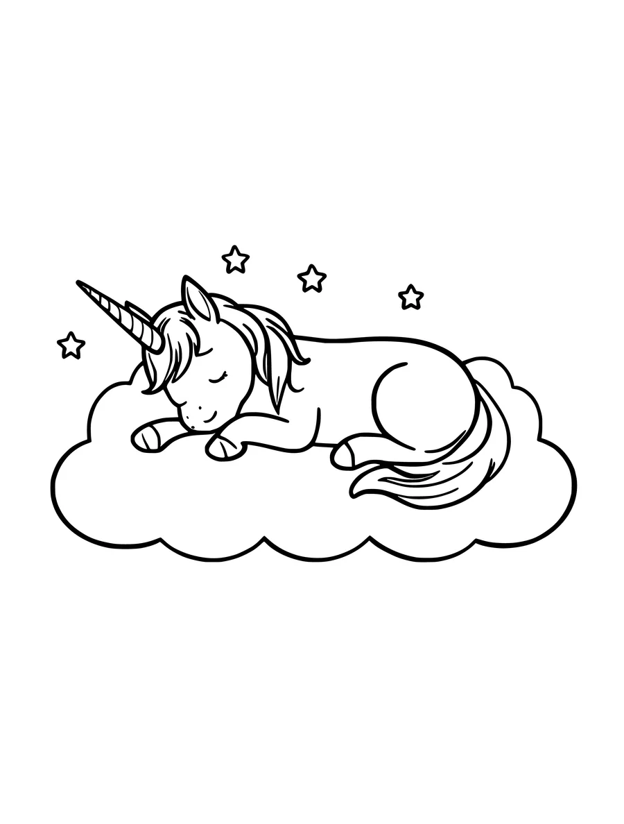 A peaceful unicorn sleeps on a large, fluffy cloud in this easy coloring page.
