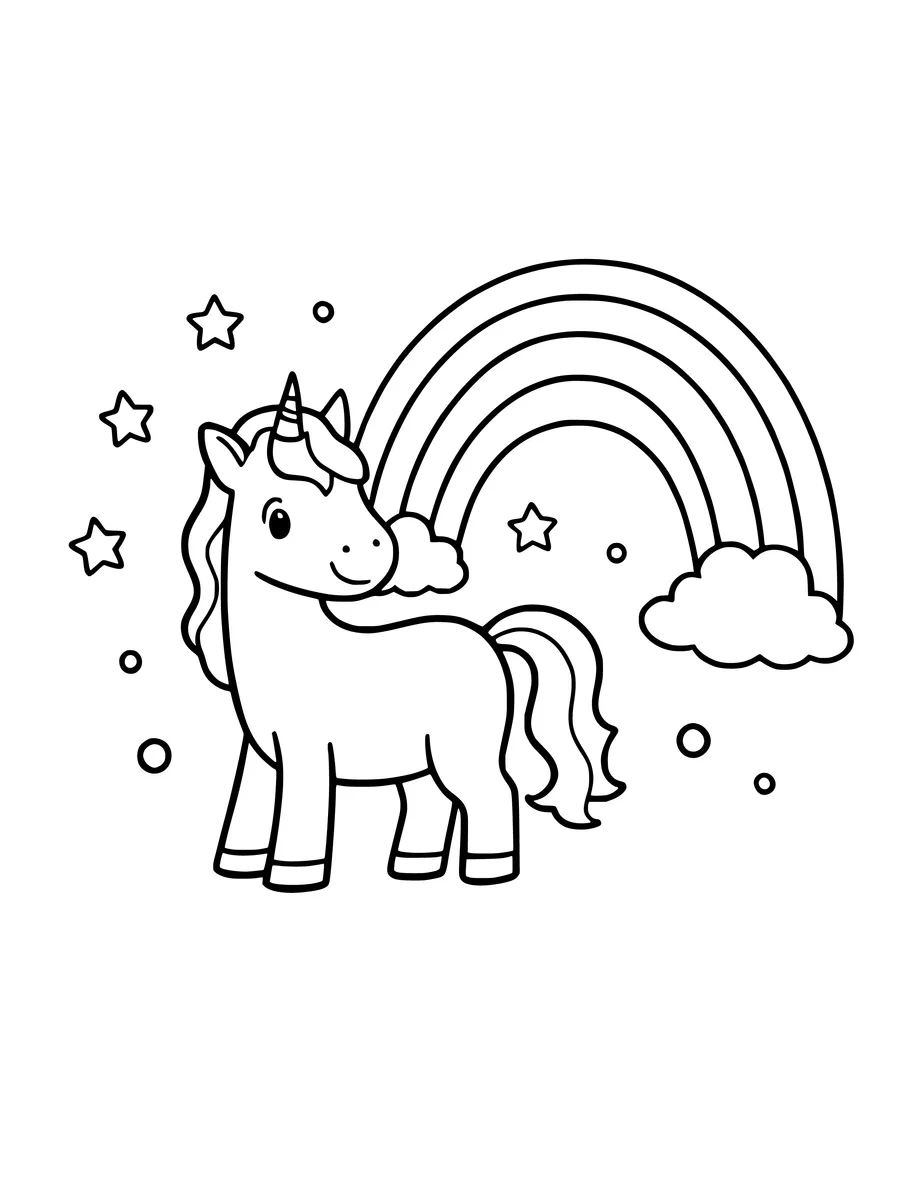 A unicorn stands by a large rainbow surrounded by stars in this simple line art, coloring page
