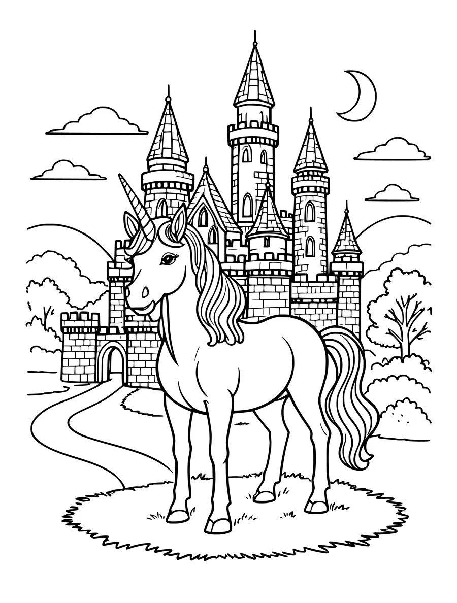 Black and white line art colouring page of unicorn standing in front of a castle with tall towers, detailed detail