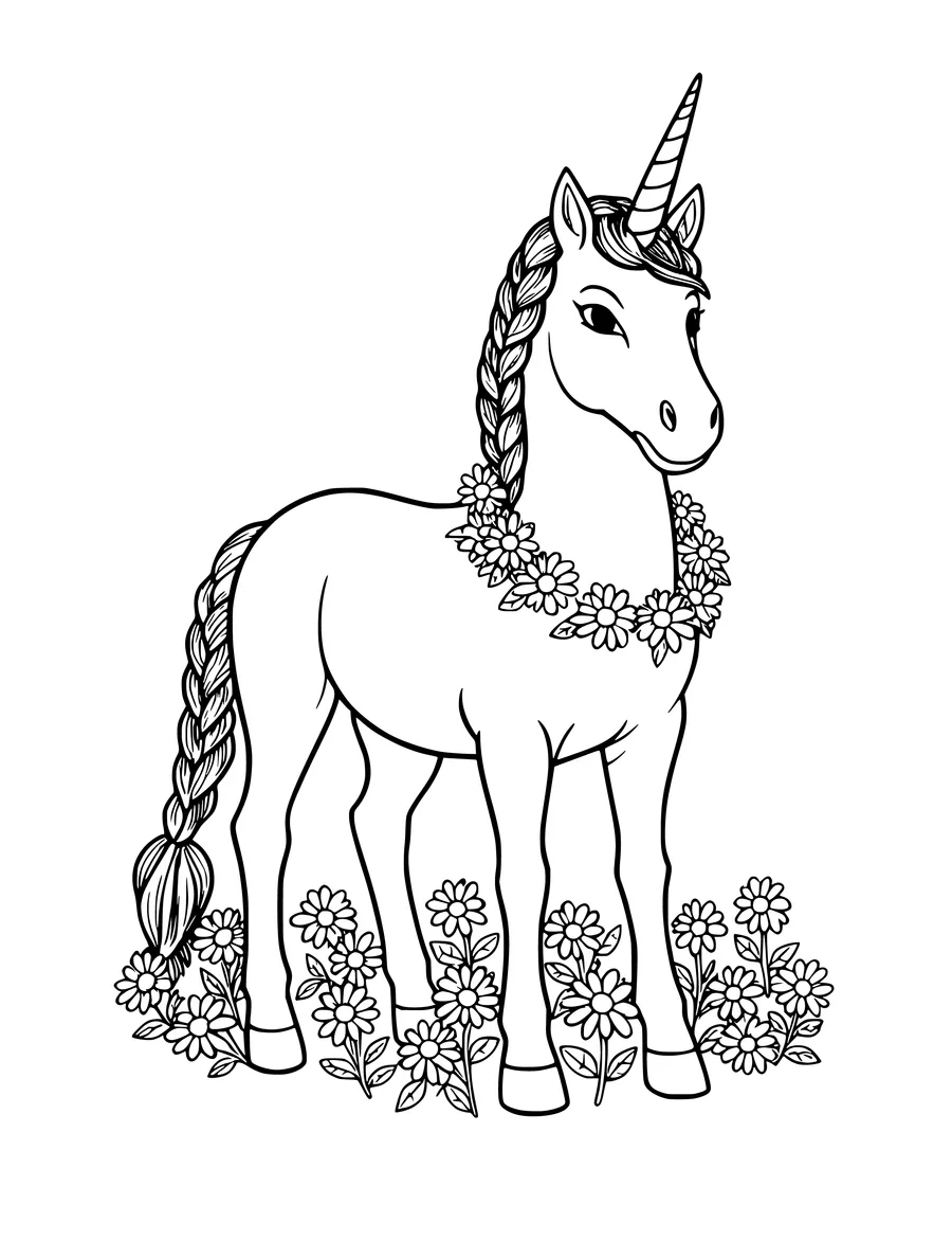 A detailed colouring page of a unicorn with a braided mane and a garland of daisies standing in flowers.