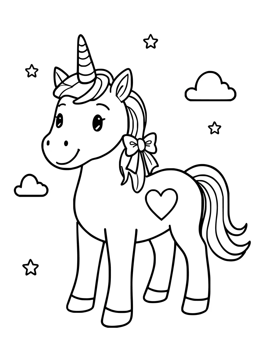 A cute unicorn with a bow in its mane and a heart on its flank, surrounded by stars and clouds on this line art, colouring pa, coloring page