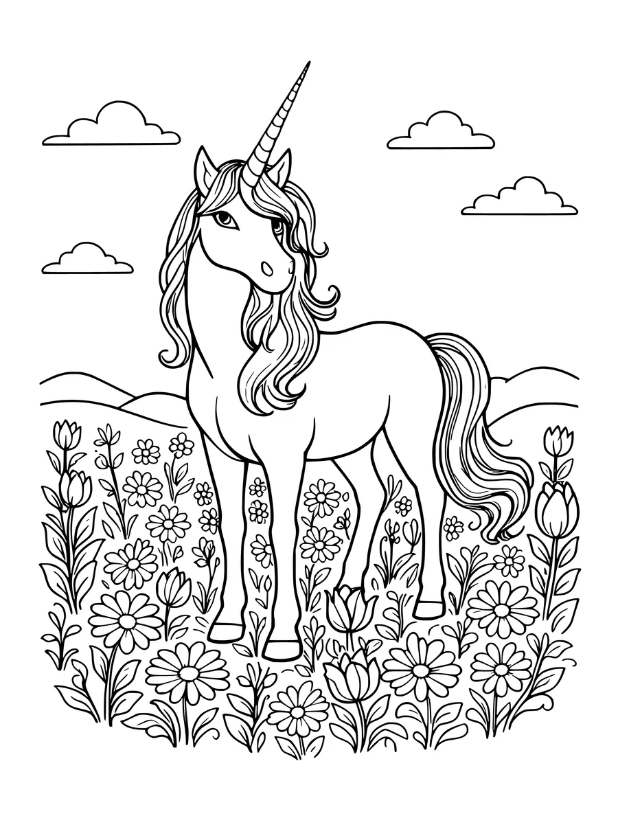 Black and white line art coloring page of unicorn with a long flowing mane and tail in a flower meadow, detailed detail