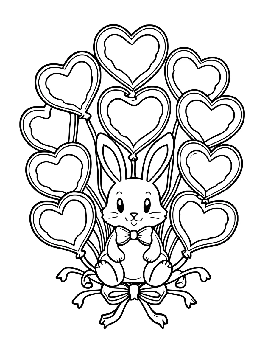 A cute bunny sitting in front of a large bouquet of heart-shaped balloons tied with a bow, colouring page