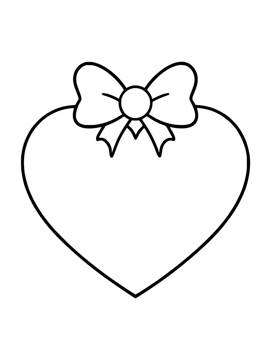 A large heart shape adorned with a decorative bow at the top, presented as simple line art, colouring page