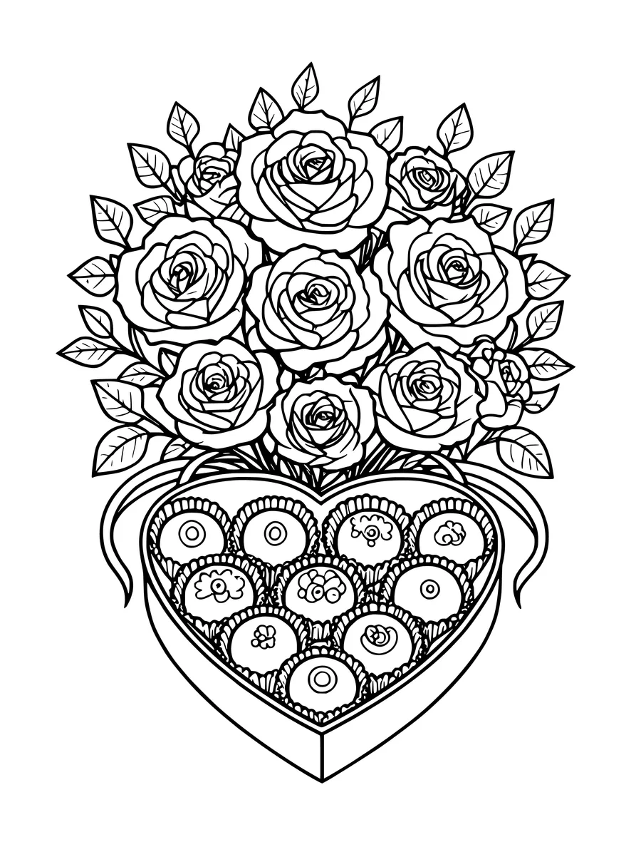 A bouquet of roses resting above a heart-shaped box filled with chocolates, in line art style, colouring page