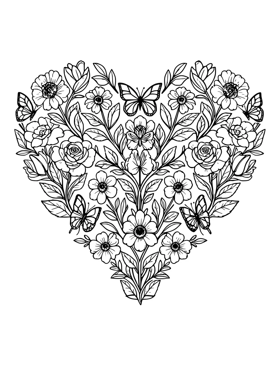 A heart-shaped arrangement of flowers, leaves, and butterflies in a detailed line art style, colouring page