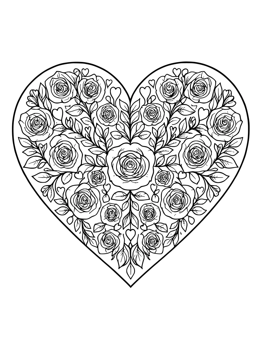 An intricate heart mandala filled with detailed roses, leaves, and small hearts for coloring, coloring page