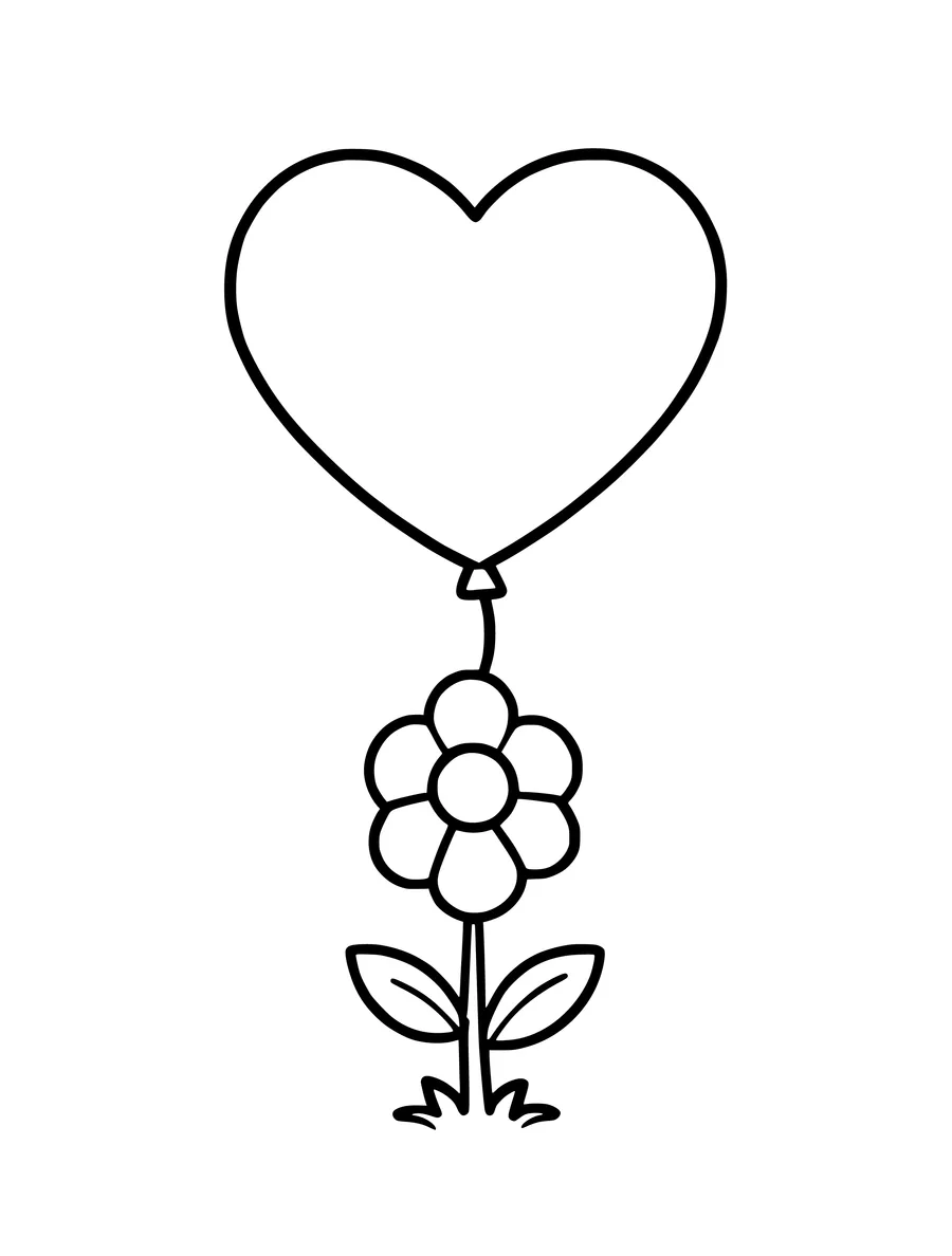 A simple heart-shaped balloon floating above a single flower in this easy coloring page.