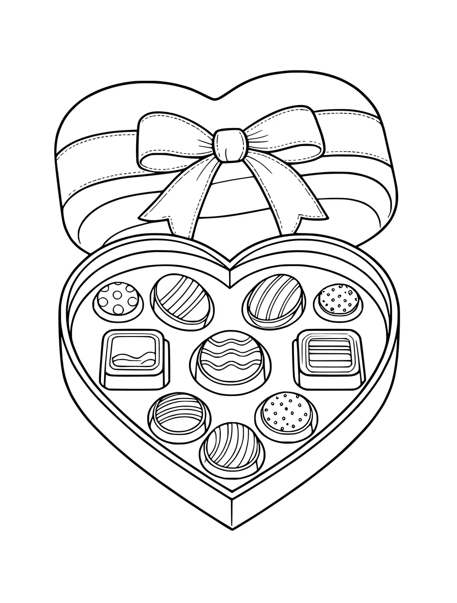 An open heart-shaped box filled with various patterned chocolates and topped with a bow, as line art, coloring page