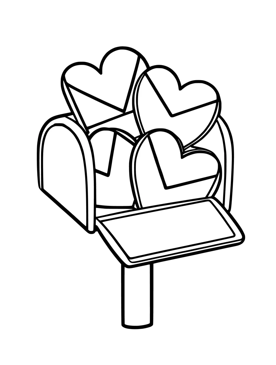 Black and white line art coloring page of mailbox filled with heart-shaped envelopes, simple detail