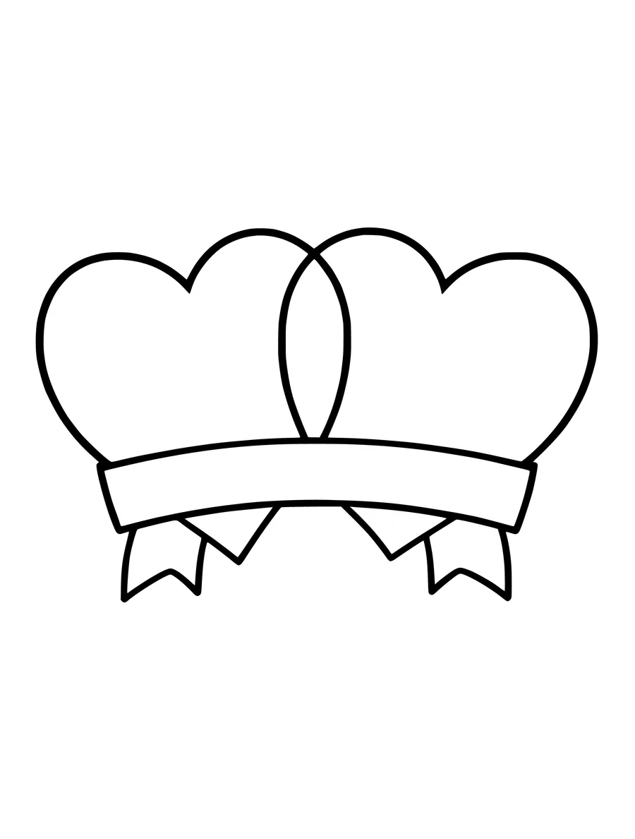 A pair of interlocking hearts connected by a horizontal ribbon, rendered as clean line art, coloring page