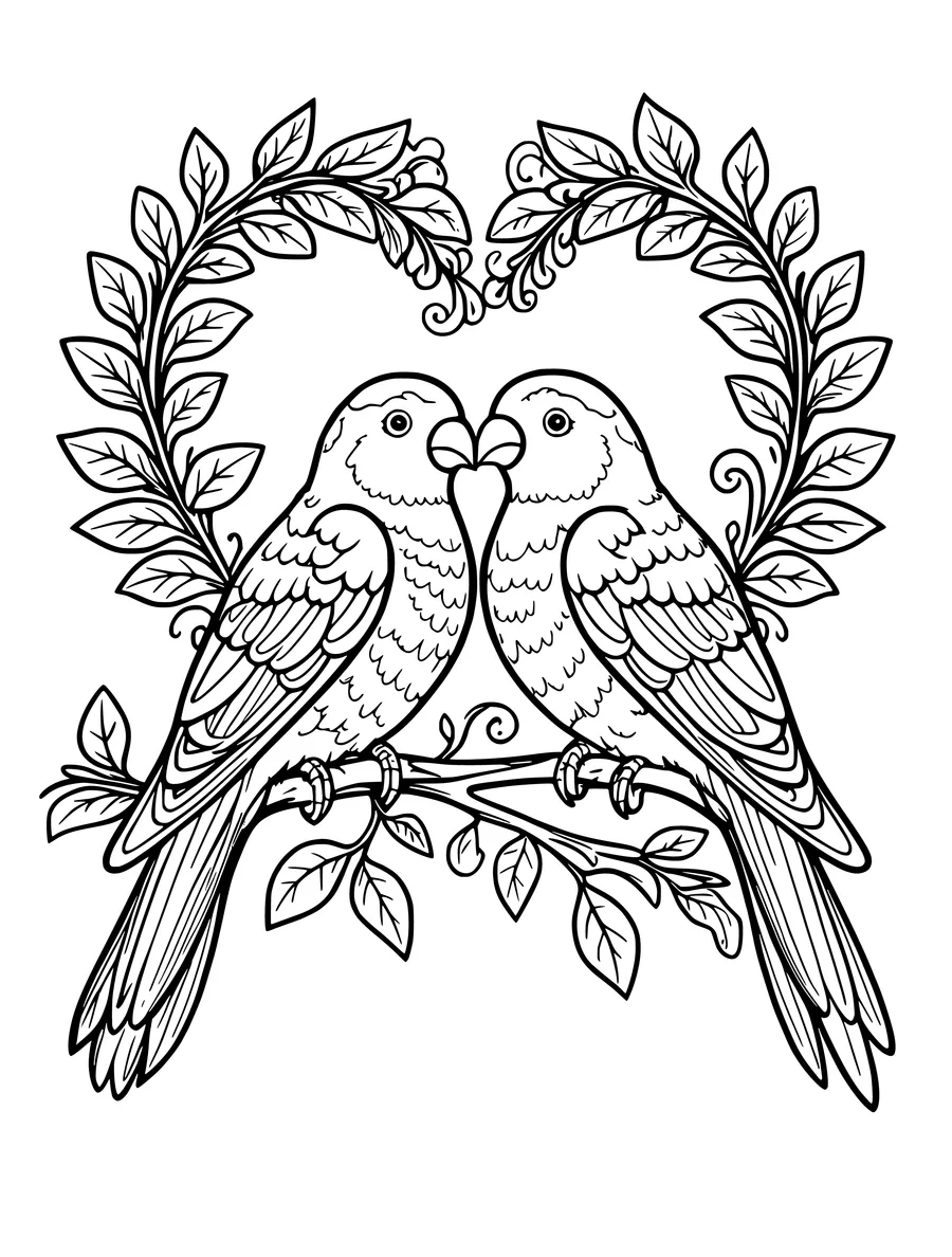Two lovebirds perched on a branch beneath a heart-shaped wreath of leafy vines, in detailed line art, coloring page