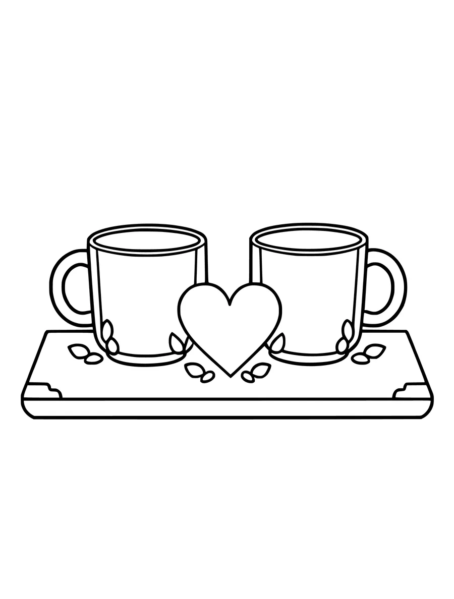 A pair of mugs resting on a tray next to a central heart shape in this clean line art drawing, colouring page