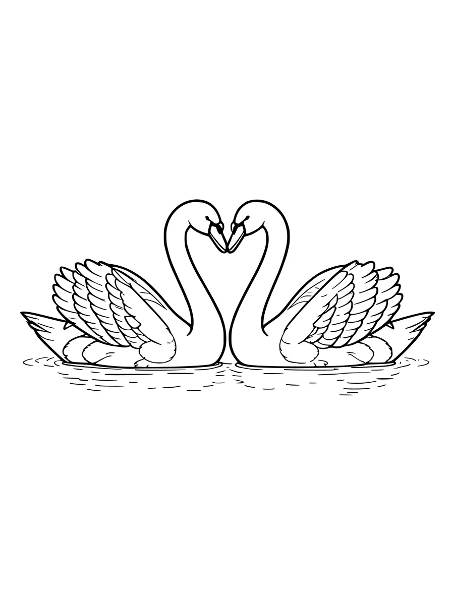 Black and white line art colouring page of pair of swans forming a heart with their necks, medium detail
