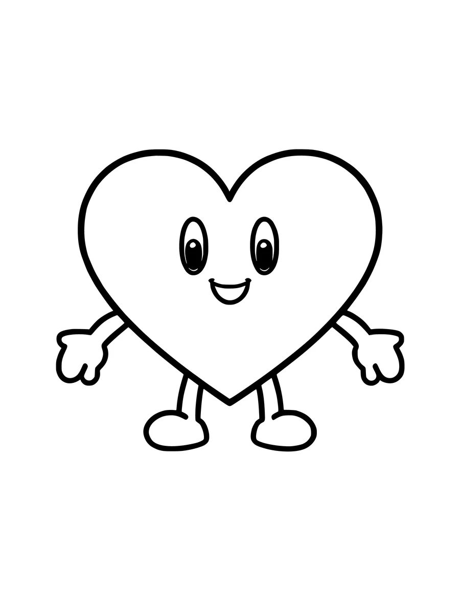 Black and white line art colouring page of smiling heart character with arms and legs, simple detail