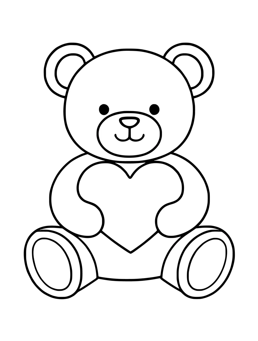 A cute teddy bear sitting and holding a large heart in its lap, designed as simple line art, colouring page