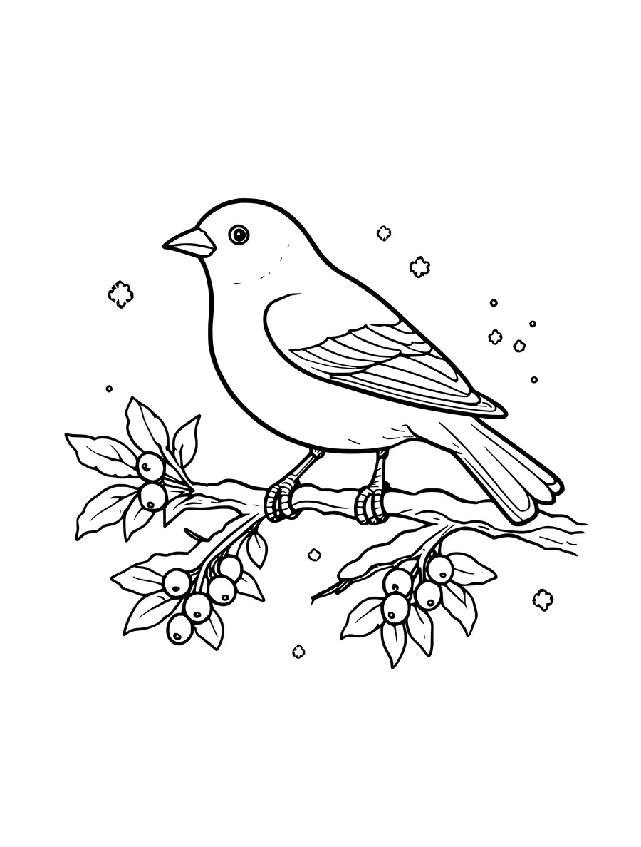 Black and white line art coloring page of bird on a snowy branch with berries, medium detail