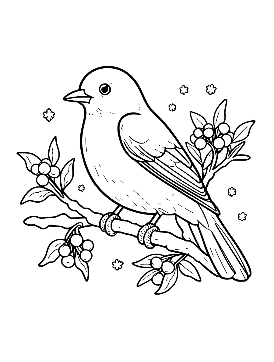 A bird perched on a snowy branch decorated with clusters of berries and small snowflakes in the background.