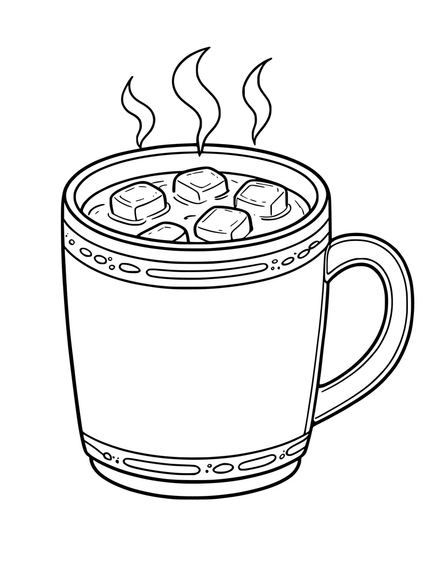 A warm mug of hot chocolate topped with marshmallows and steam rising in this winter coloring page.