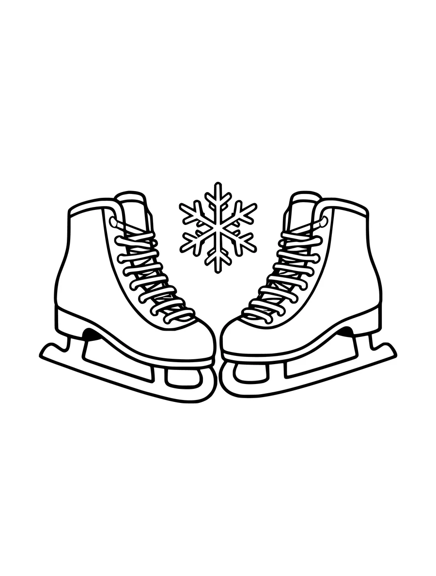 A pair of ice skates with a large snowflake between them in this simple winter line art for children, colouring page